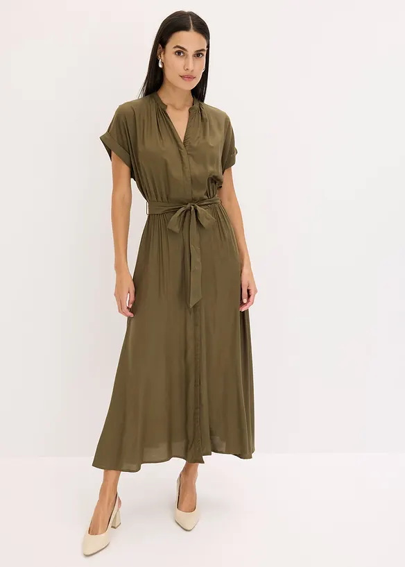 Hemdblusenkleid aus fließender Viskose in grün von vorne (Totalaufnahme) - bonprix Hemdblusenkleid aus fließender Viskose in grün von vorne (Totalaufnahme) - bonprix