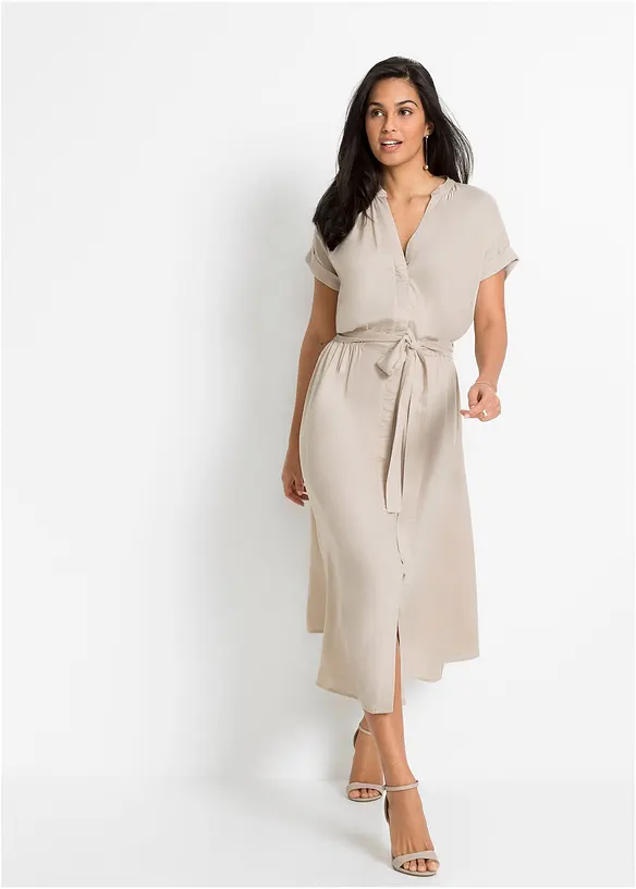 Hemdblusenkleid aus fließender Viskose in beige von vorne (Totalaufnahme) - bonprix Hemdblusenkleid aus fließender Viskose in beige von vorne (Totalaufnahme) - bonprix