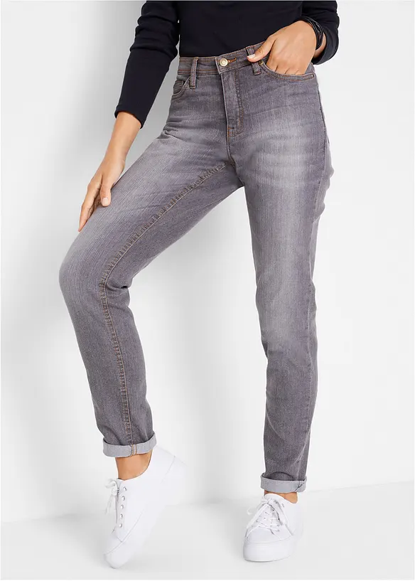 Mom-Jeans Mid Waist, Komfort-Stretch in grau von vorne - bonprix