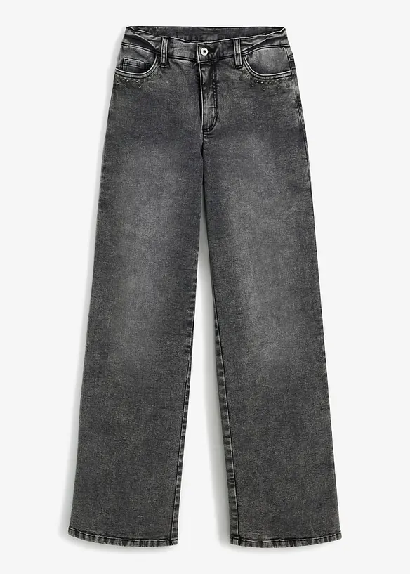 Wide-Leg-Jeans, High Waist mit Nietenbesatz in grau von vorne - bonprix