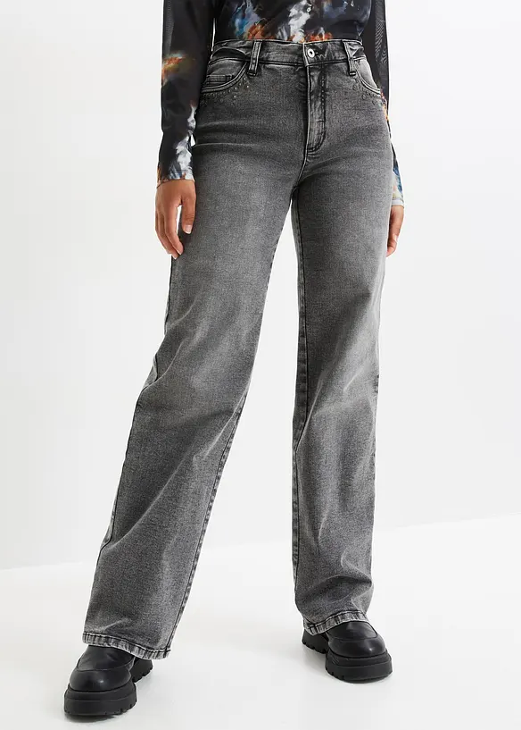 Wide-Leg-Jeans, High Waist mit Nietenbesatz in grau von vorne - bonprix