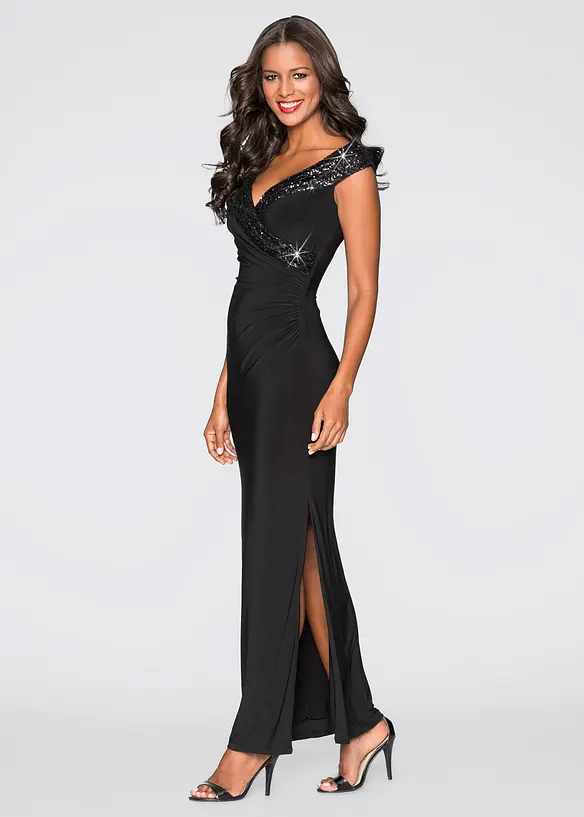 Jerseykleid mit Pailletten in schwarz von vorne (Totalaufnahme) - bonprix