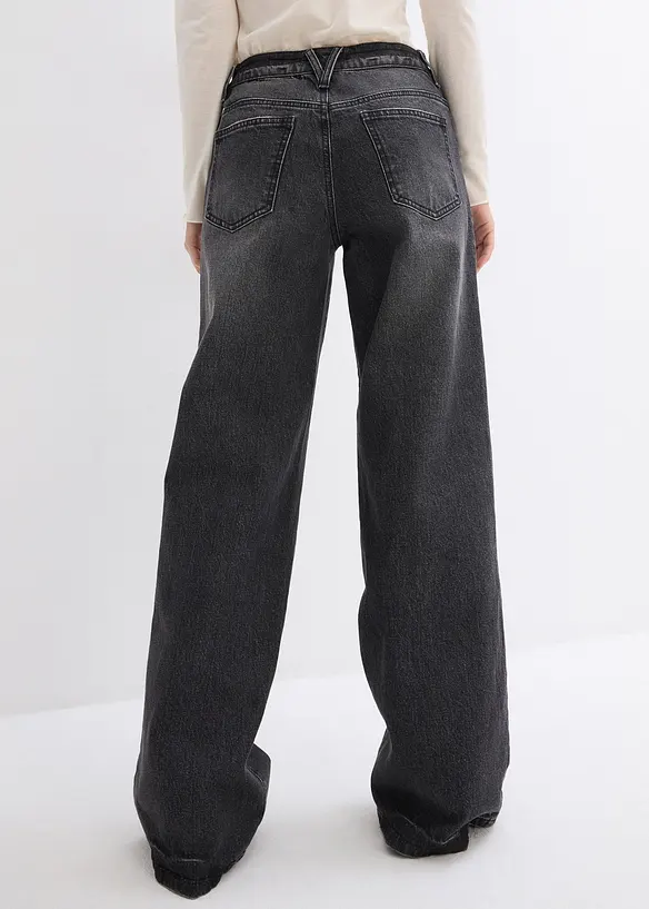 Wide-Leg-Jeans, Mid Waist, Low Stretch in schwarz von hinten - bonprix