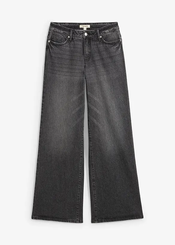 Wide-Leg-Jeans, Mid Waist, Low Stretch in schwarz von vorne - bonprix