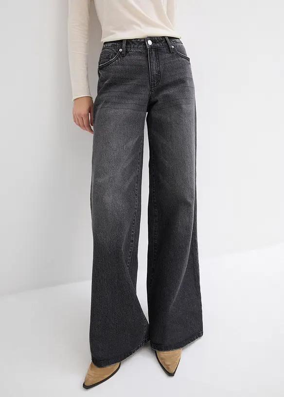 Wide-Leg-Jeans, Mid Waist, Low Stretch in schwarz von vorne - bonprix