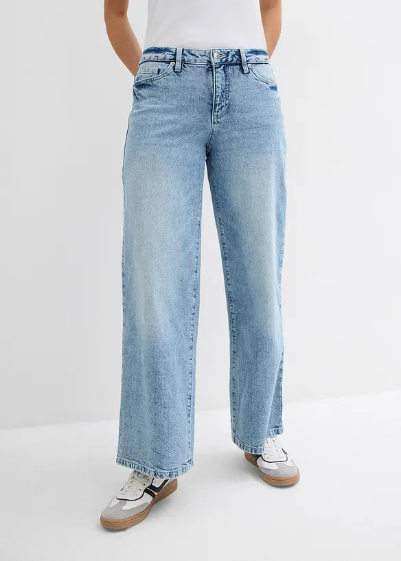 Wide-Leg-Jeans, Mid Waist, Low Stretch in blau von vorne - bonprix