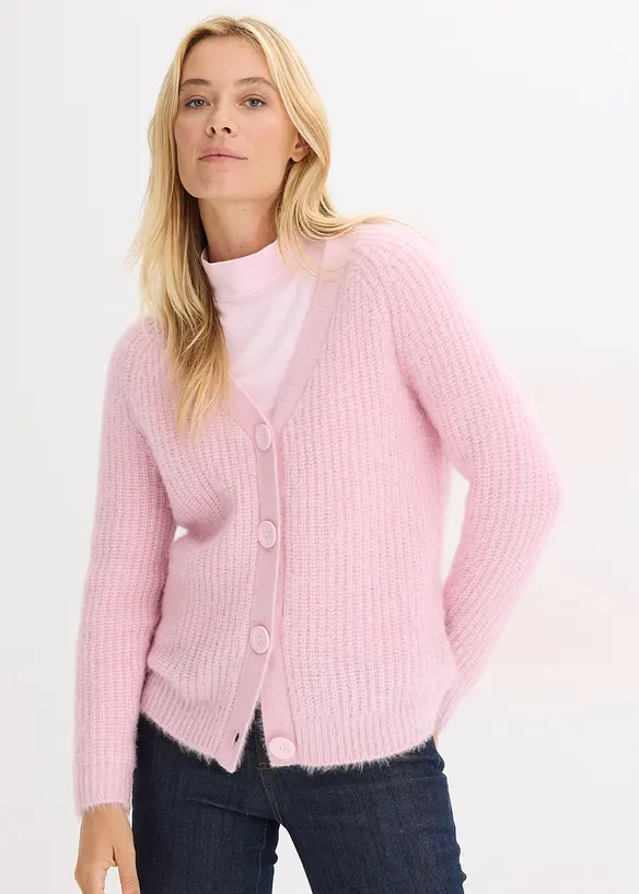 Gerippte Grobstrickjacke mit Glanzeffekt in rosa von vorne (im Anschnitt) - bonprix Gerippte Grobstrickjacke mit Glanzeffekt in rosa von vorne (im Anschnitt) - bonprix