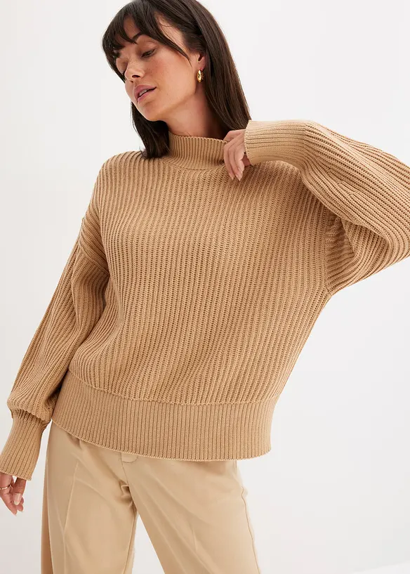 Oversize-Pullover aus reiner Baumwolle in beige von vorne (im Anschnitt) - bonprix