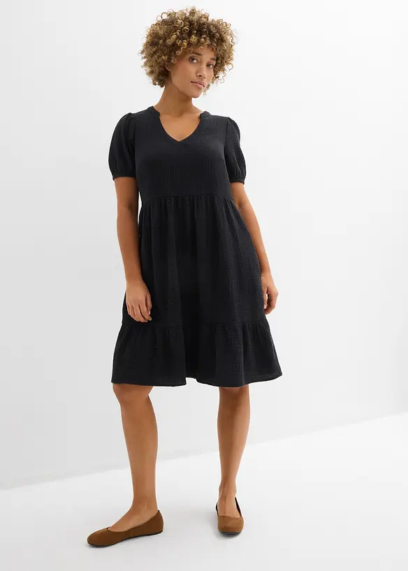 Musselin-Oversize-Kleid aus reiner Baumwolle in schwarz von vorne (Totalaufnahme) - bonprix