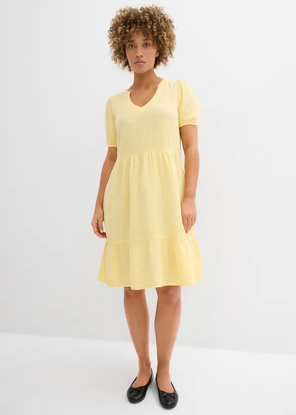 Musselin-Oversize-Kleid aus reiner Baumwolle in gelb von vorne (Totalaufnahme) - bonprix