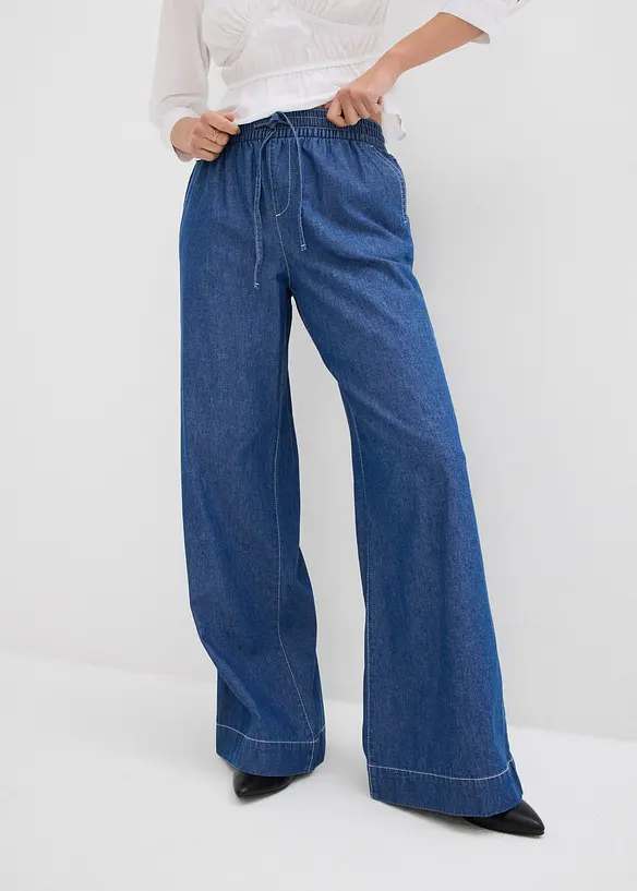 Wide-Leg-Jeans, Mid Waist, Bequembund in blau von vorne - bonprix