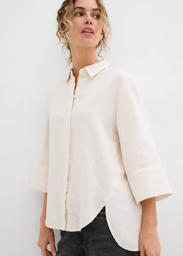 Hemdbluse aus kühlendem Leinen-Mix in beige von vorne (im Anschnitt) - bonprix