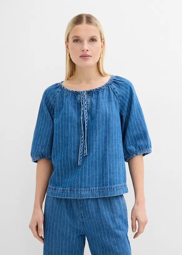 Jeans-Tunikabluse, Baumwolle in blau von vorne (im Anschnitt) - bonprix
