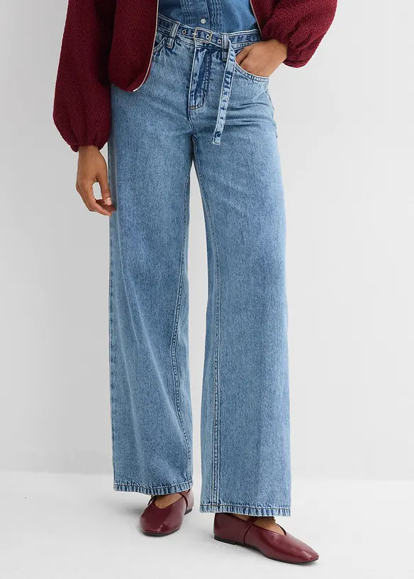 Loose Straight-Jeans Mid Waist, Baumwolle in blau von vorne - bonprix