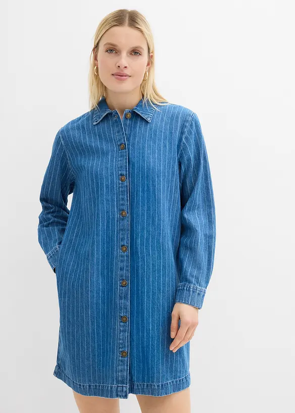 Jeanskleid Langarm mit Streifen, Baumwolle in blau von vorne (Totalaufnahme) - bonprix