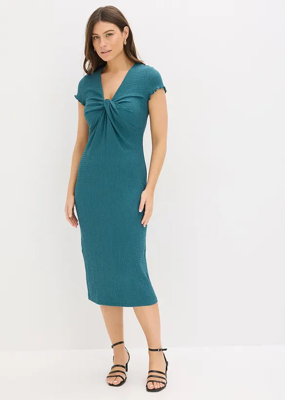 Jerseykleid aus strukturiertem Crêpe in petrol von vorne (Totalaufnahme) - bonprix