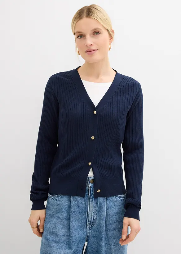 Strickjacke aus softem Viskose-Mix in blau von vorne (im Anschnitt) - bonprix