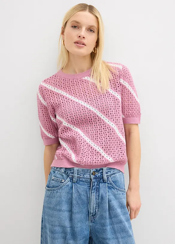 Ajour-Pullover aus reiner Baumwolle in rosa von vorne (im Anschnitt) - bonprix
