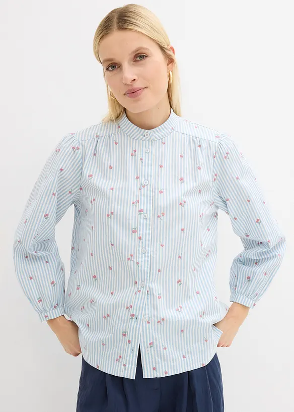 Bluse aus reiner Baumwolle mit 7/8 Ärmel in blau von vorne (im Anschnitt) - bonprix