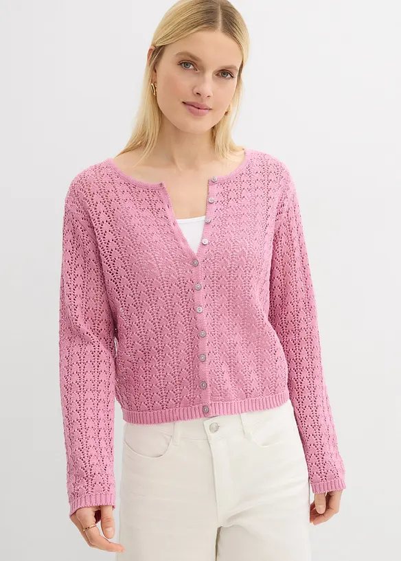 Ajour-Strickjacke aus reiner Baumwolle in rosa von vorne (im Anschnitt) - bonprix