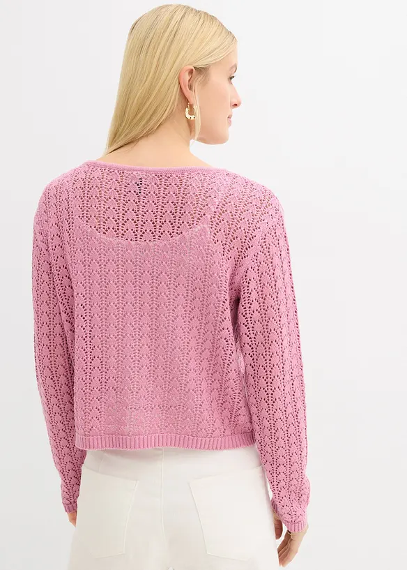 Ajour-Strickjacke aus reiner Baumwolle in rosa von hinten (im Anschnitt) - bonprix