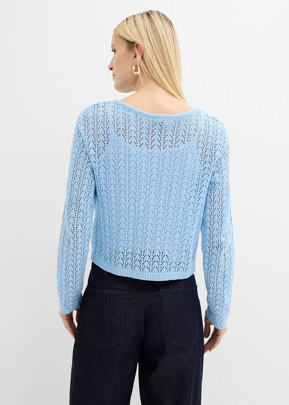 Ajour-Strickjacke aus reiner Baumwolle in blau von hinten (im Anschnitt) - bonprix