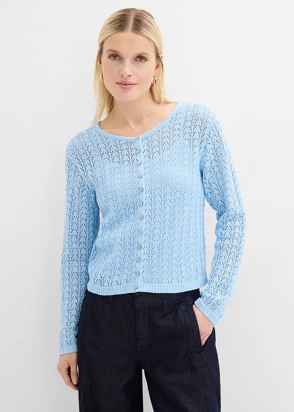 Ajour-Strickjacke aus reiner Baumwolle in blau von vorne (im Anschnitt) - bonprix