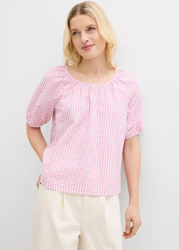 Kurzarmbluse aus reiner Baumwolle in rosa von vorne (im Anschnitt) - bonprix