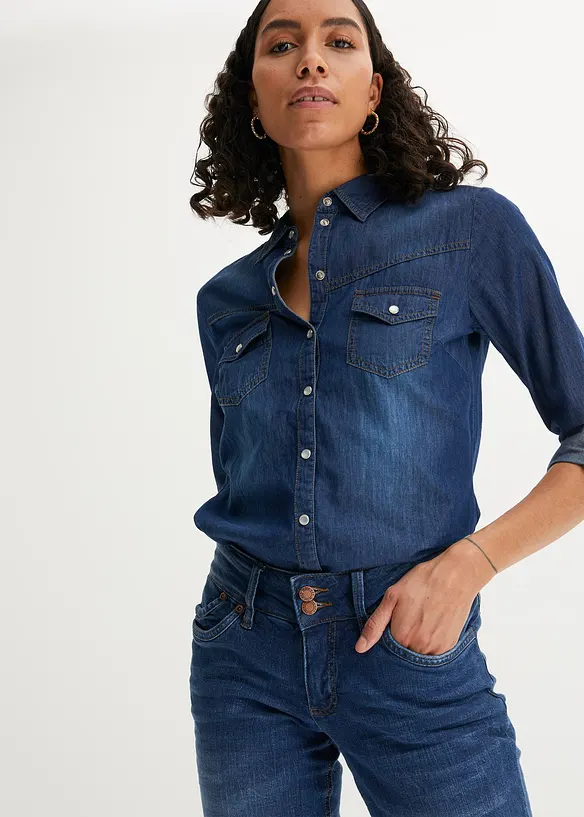 Jeansbluse aus reiner Bio-Baumwolle in blau von vorne (im Anschnitt) - bonprix Jeansbluse aus reiner Bio-Baumwolle in blau von vorne (im Anschnitt) - bonprix