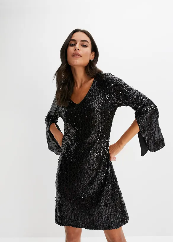 Paillettenkleid mit Trompeten-Ärmel in schwarz von vorne (Totalaufnahme) - bonprix