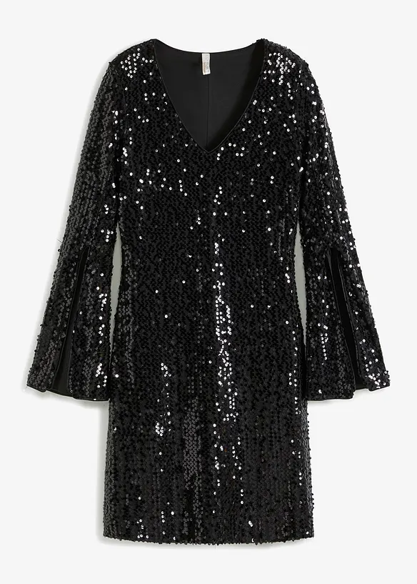 Paillettenkleid mit Trompeten-Ärmel in schwarz von vorne - bonprix