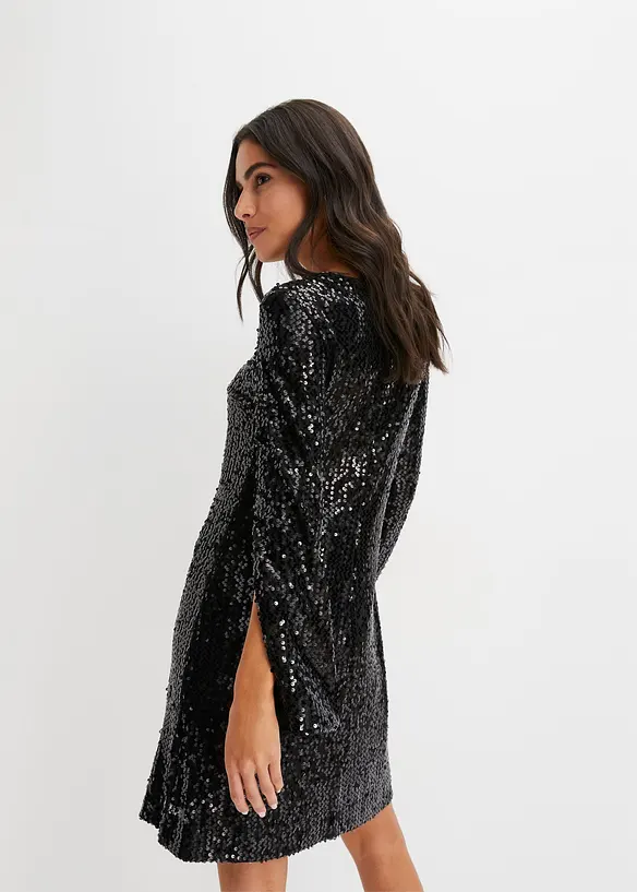 Paillettenkleid mit Trompeten-Ärmel in schwarz von hinten (Totalaufnahme) - bonprix