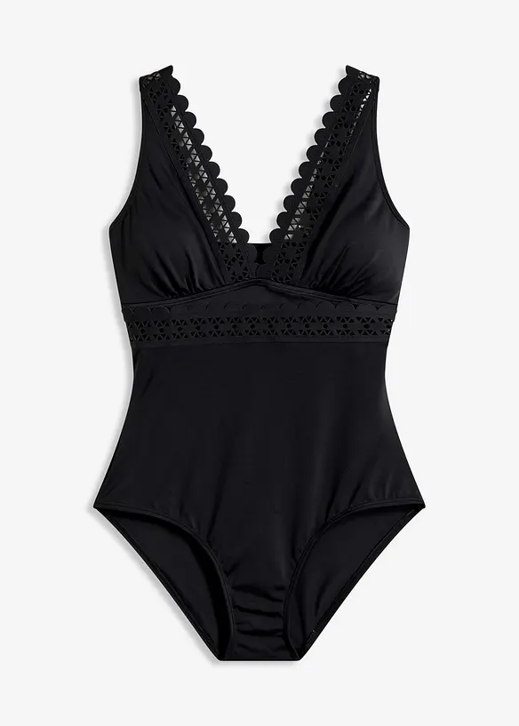 Badeanzug mit Laser-Cut Einsätzen in schwarz von vorne - bonprix