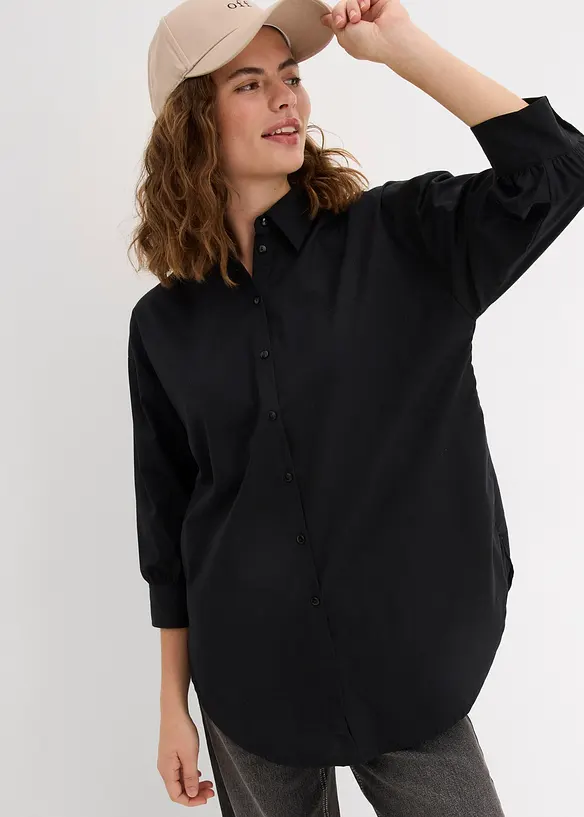3/4-Arm-Oversize-Hemd aus Baumwolle in schwarz von vorne (im Anschnitt) - bonprix 3/4-Arm-Oversize-Hemd aus Baumwolle in schwarz von vorne (im Anschnitt) - bonprix