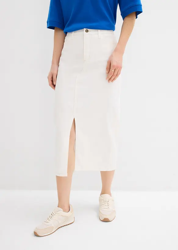 Jeansrock in Midilänge in weiß von vorne - bonprix