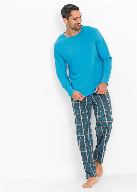 Pyjama aus reiner Baumwolle und mit langen Ärmeln in blau von vorne (Totalaufnahme) - bonprix