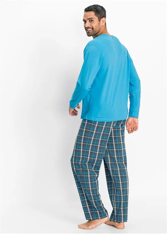 Pyjama aus reiner Baumwolle und mit langen Ärmeln in blau von hinten (Totalaufnahme) - bonprix