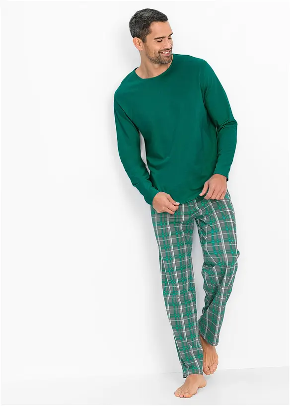 Pyjama aus reiner Baumwolle und mit langen Ärmeln in grün von vorne (Totalaufnahme) - bonprix