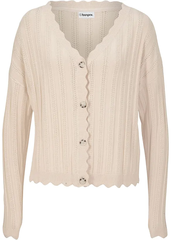 Kurze Ajour-Strickjacke in beige von vorne - bonprix
