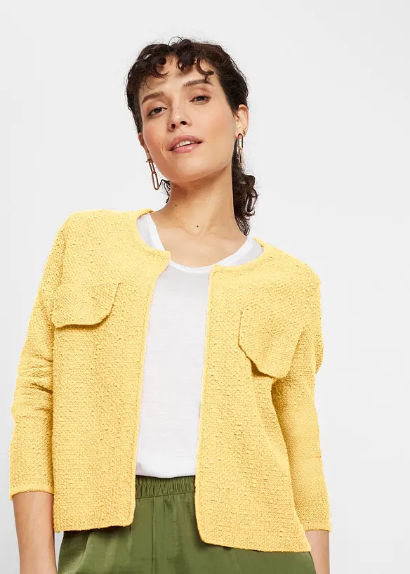 Bouclé Strickjacke in gelb von vorne (im Anschnitt) - bonprix
