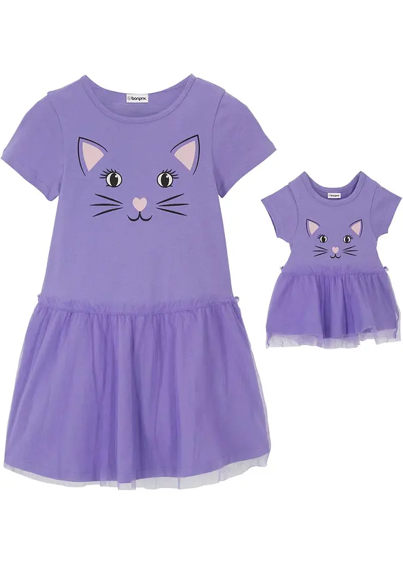 Jerseykleid und Puppenkleid (2-tlg.) aus reiner Bio-Baumwolle in lila von vorne - bonprix