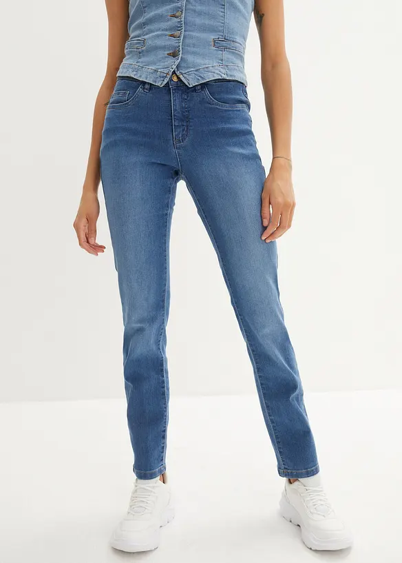 Straight Jeans Mid Waist, Stretch in blau von vorne - bonprix