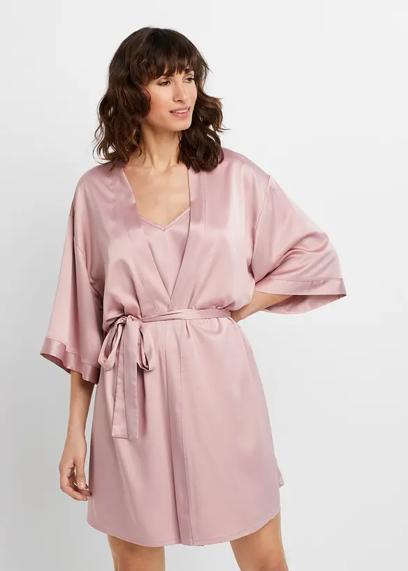 Morgenmantel-Set: Kimono + Negligé (2-tlg.Set) in rosa von vorne (Totalaufnahme) - bonprix