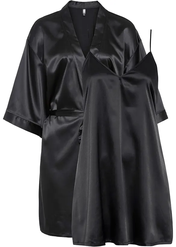 Morgenmantel-Set: Kimono + Negligé (2-tlg.Set) in schwarz - bonprix