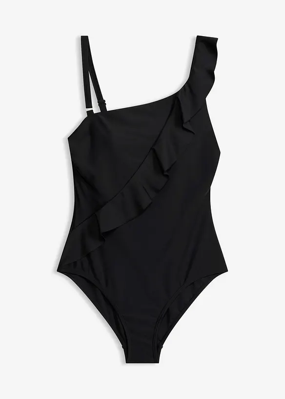 One-Shoulder Badeanzug mit abnehmbarem Träger in schwarz von vorne - bonprix