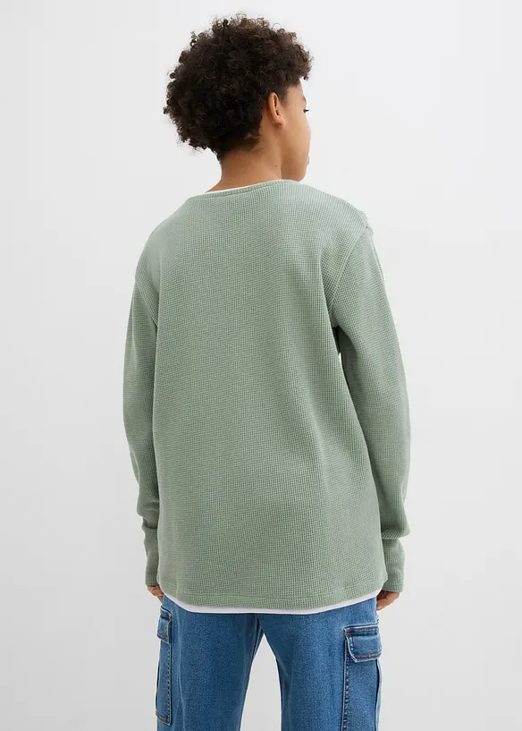 Langärmliges 2-in1 Shirt in Waffeloptik aus reiner Baumwolle in grün von hinten (im Anschnitt) - bonprix