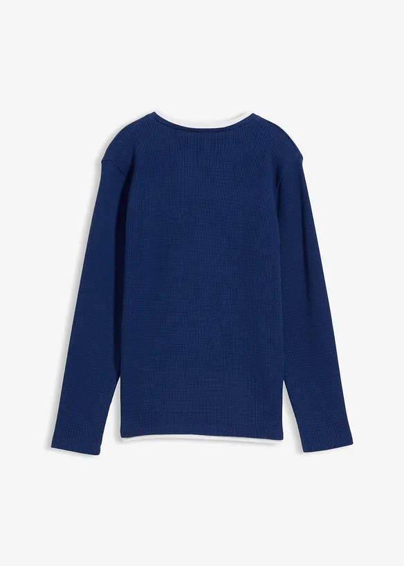 Langärmliges 2-in1 Shirt in Waffeloptik aus reiner Baumwolle in blau von hinten - bonprix