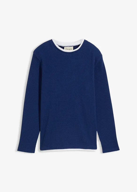 Langärmliges 2-in1 Shirt in Waffeloptik aus reiner Baumwolle in blau von vorne - bonprix