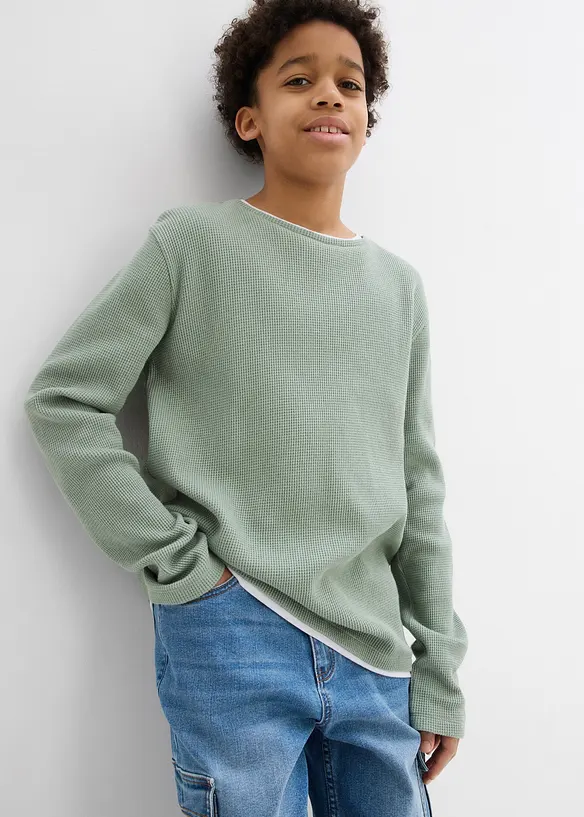 Langärmliges 2-in1 Shirt in Waffeloptik aus reiner Baumwolle in grün von vorne (im Anschnitt) - bonprix