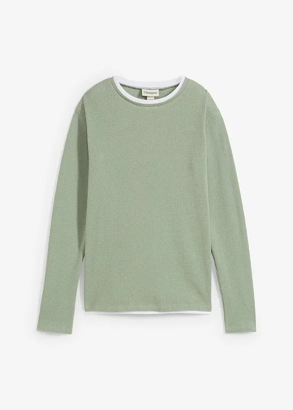 Langärmliges 2-in1 Shirt in Waffeloptik aus reiner Baumwolle in grün von vorne - bonprix